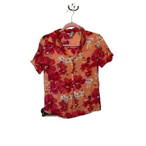 White stag bright floral button up short sleeve blouse